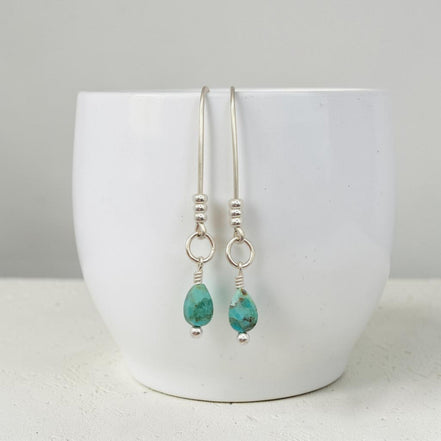Bijou by SAM handmade sterling silver threader earrings featuring genuine teardrop turquoise gemstones