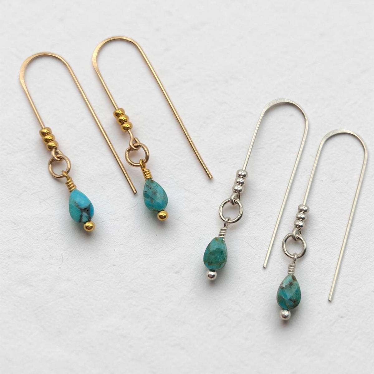 Bijou by SAM handmade teardrop turquoise threader earrings in 14k gold fill and sterling silver on white background