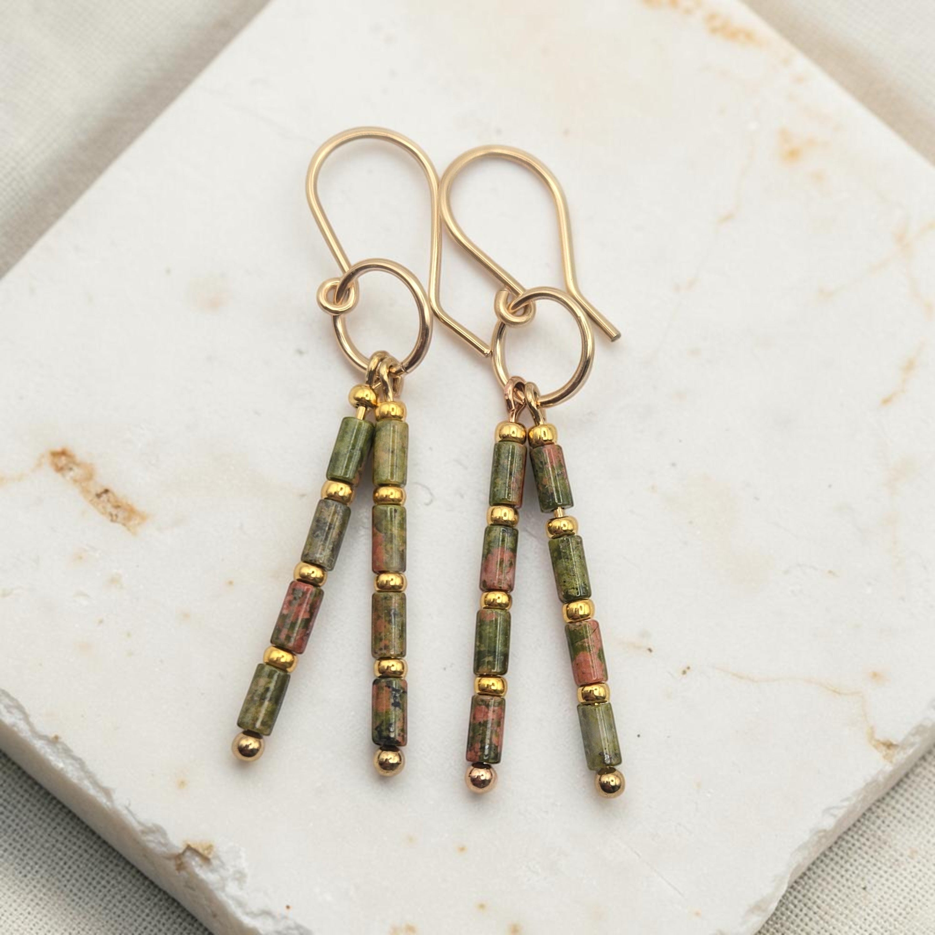 Bijou by SAM Forest Floor earrings featuring natural Unakite tube beads and 14k gold fill wire dangles.