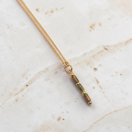 Bijou by SAM Forest Floor necklace featuring a delicate 14k gold fill chain and natural Unakite gemstone tube beads.