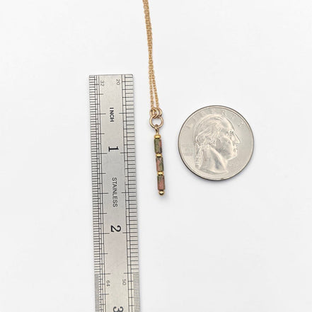 Bijou by SAM Forest Floor necklace with a natural Unakite gemstone tube pendant on a 14k gold fill chain.