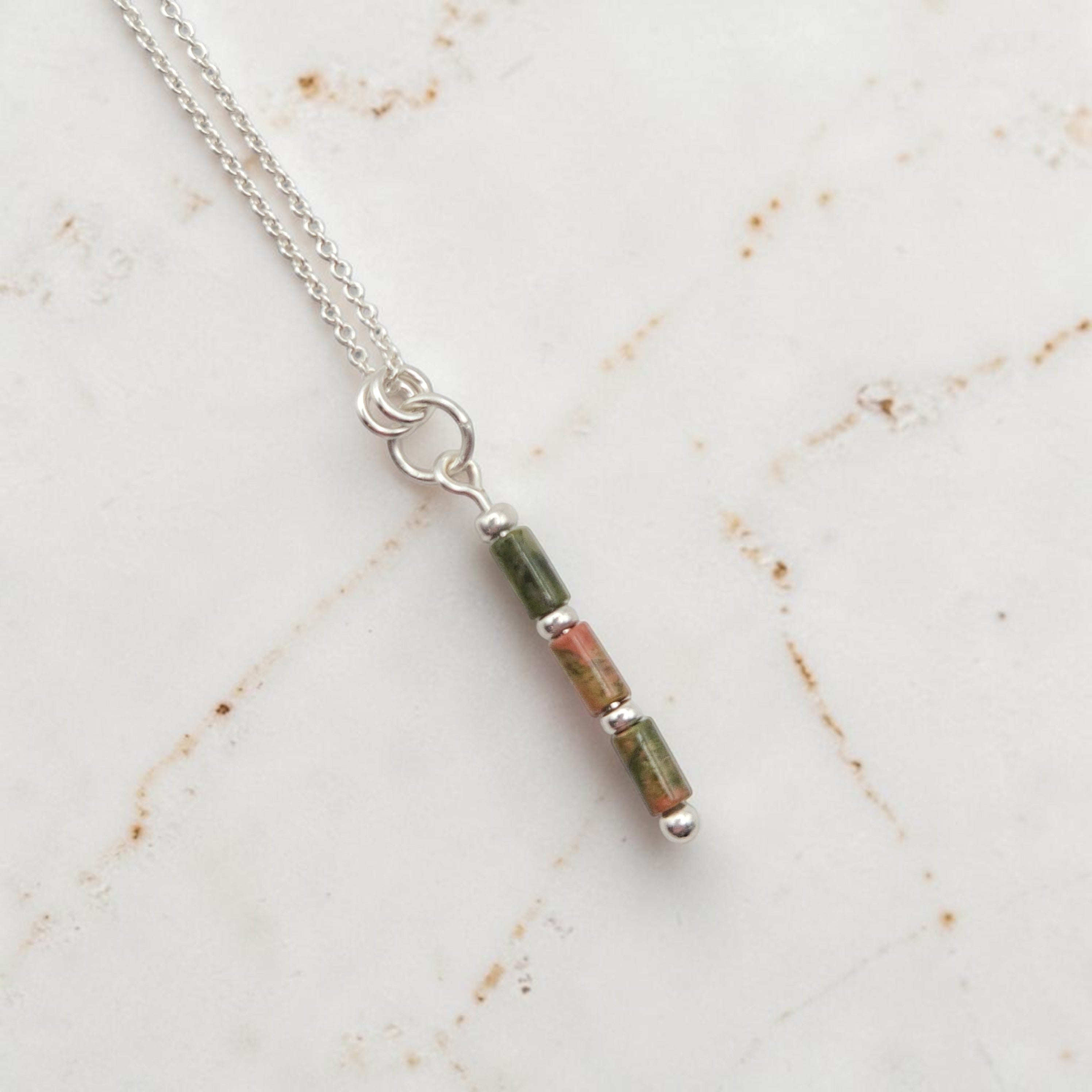 Bijou by SAM Forest Floor necklace featuring a delicate Argentium sterling silver chain and Unakite tube bead pendant.