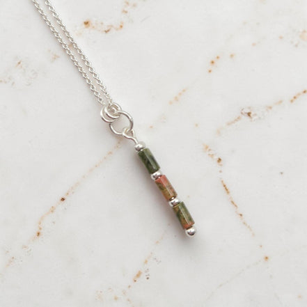 Bijou by SAM Forest Floor necklace featuring a delicate Argentium sterling silver chain and Unakite tube bead pendant.