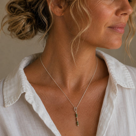 Bijou by SAM Forest Floor necklace featuring a delicate Argentium Sterling Silver chain and natural Unakite tube beads.