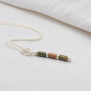 Bijou by SAM Forest Floor necklace featuring green and pink Unakite tube beads on an Argentium Sterling Silver chain.