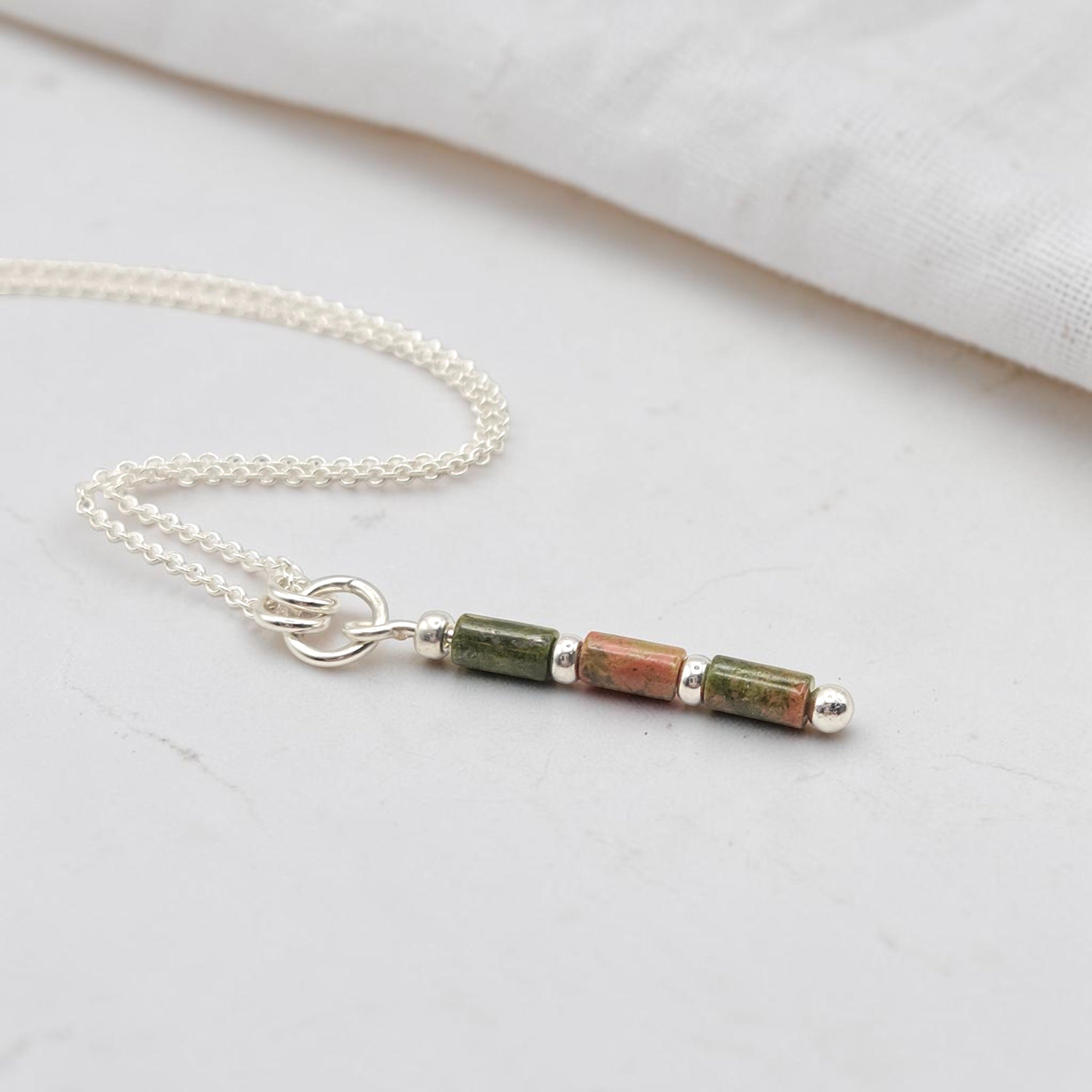 Bijou by SAM Forest Floor necklace featuring green and pink Unakite tube beads on an Argentium Sterling Silver chain.