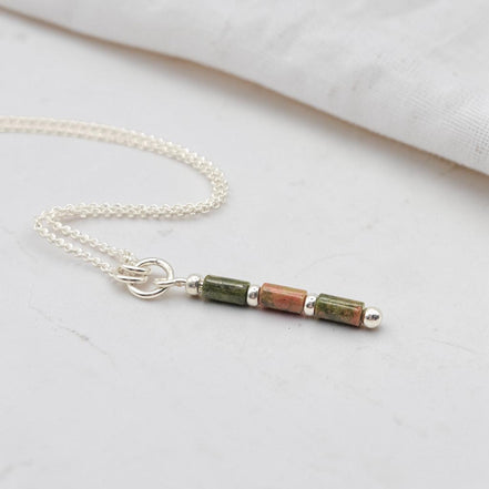 Bijou by SAM Forest Floor necklace featuring green and pink Unakite tube beads on an Argentium Sterling Silver chain.