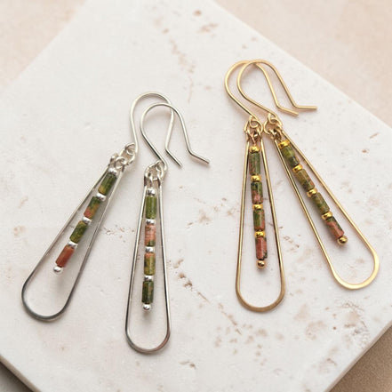 Bijou by SAM Forest Floor teardrop earrings with green and pink Unakite beads in gold fill and sterling silver.