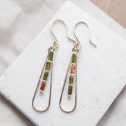 Bijou by SAM Forest Floor teardrop hoop earrings with green and pink Unakite tube beads in 14k gold fill.