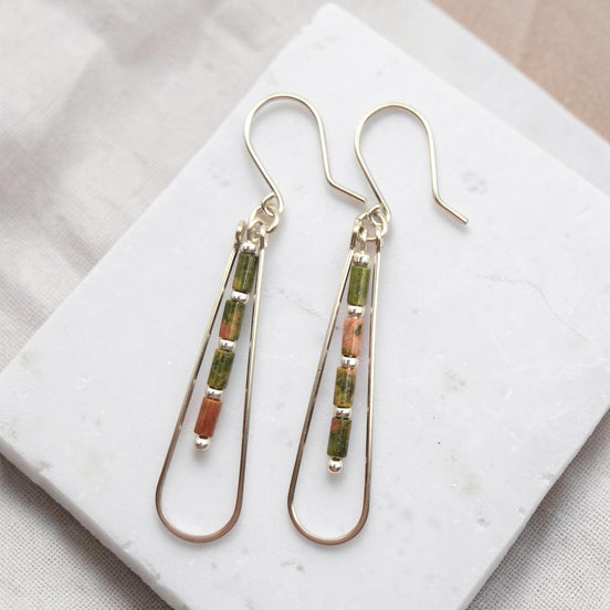 Bijou by SAM Forest Floor teardrop hoop earrings with green and pink Unakite tube beads in 14k gold fill.