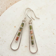 Bijou by SAM Forest Floor teardrop earrings with green and pink Unakite tube beads on Argentium sterling silver hoops.