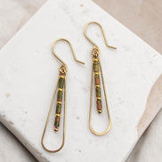 Bijou by SAM Forest Floor teardrop earrings featuring green and pink Unakite tube beads on 14k gold fill hoops.