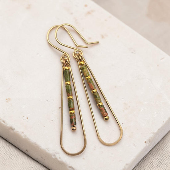 Bijou by SAM Forest Floor teardrop earrings featuring green and pink Unakite tube beads on 14k gold fill hoops.