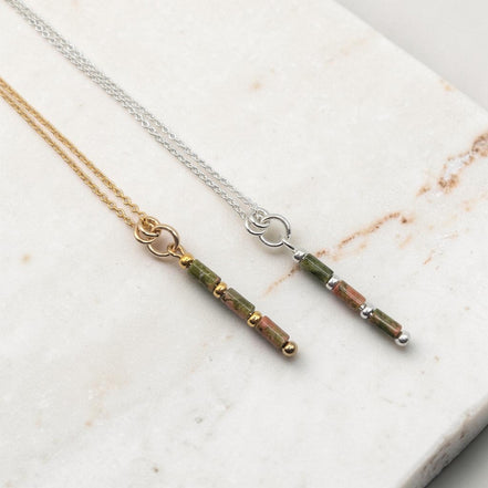 Bijou by SAM Forest Floor necklaces with Unakite tube beads in 14k gold fill and Argentium sterling silver