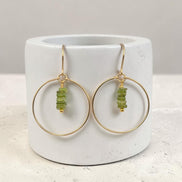 Bijou by SAM handmade gold hoop earrings featuring a delicate stack of square-cut deep green Vesuvianite gemstones.