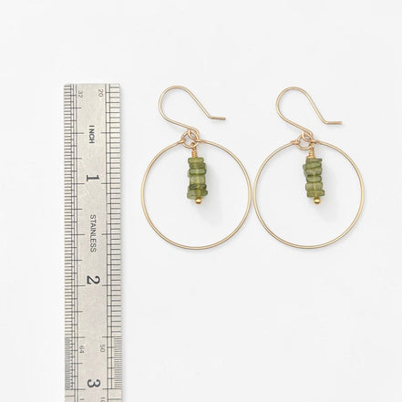 Bijou by SAM handmade gold hoop earrings featuring a delicate stack of deep green square-cut Vesuvianite gemstones.