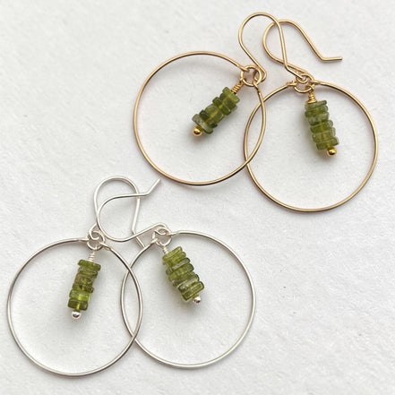 Bijou by SAM handmade hoop earrings featuring square-cut green Vesuvianite stones in gold fill and sterling silver.