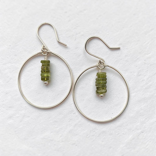 Bijou by SAM handmade sterling silver hoop earrings featuring a delicate stack of square-cut green Vesuvianite stones.
