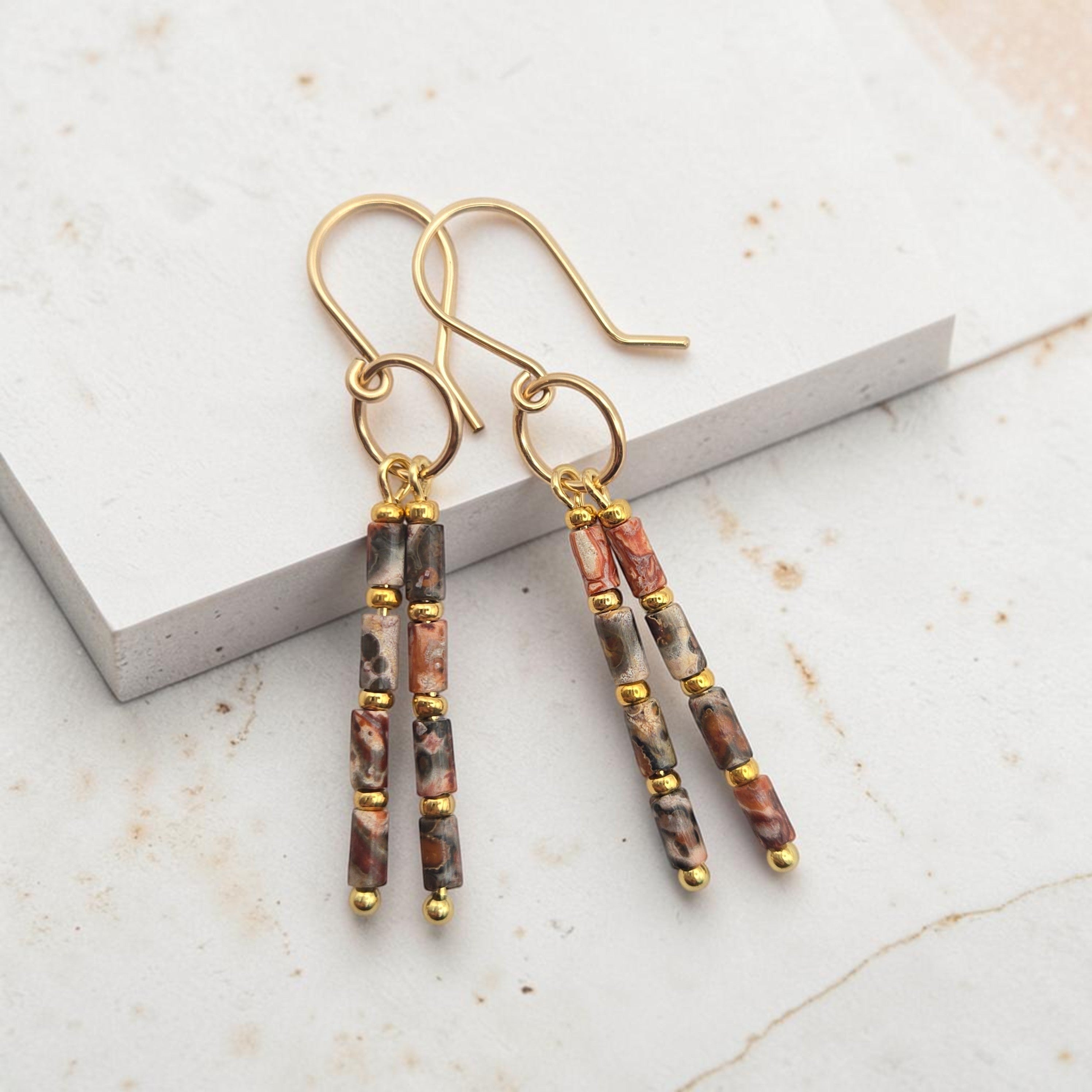 Bijou by SAM Wild Mesa earrings featuring leopard skin jasper tube beads and 14k gold fill handmade hoops.