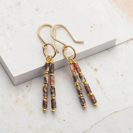 Bijou by SAM Wild Mesa earrings featuring leopard skin jasper tube beads and 14k gold fill handmade hoops.