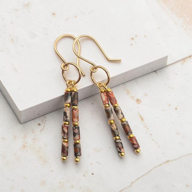 Bijou by SAM Wild Mesa earrings featuring leopard skin jasper tube beads and 14k gold fill handmade hoops.