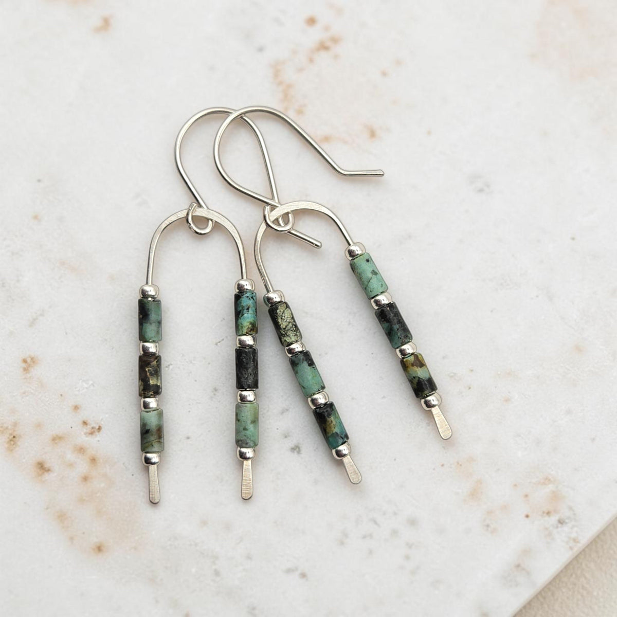 Bijou by SAM handcrafted wishbone earrings featuring African Turquoise tube stones on sterling silver wire