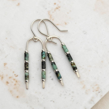Bijou by SAM handcrafted wishbone earrings featuring African Turquoise tube stones on sterling silver wire