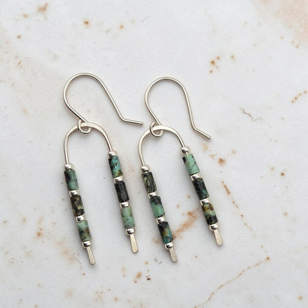 Bijou by SAM handcrafted wishbone earrings featuring African Turquoise tube stones on sterling silver wire