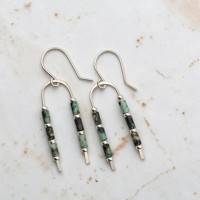 Bijou by SAM handcrafted wishbone earrings featuring African Turquoise tube stones on sterling silver wire
