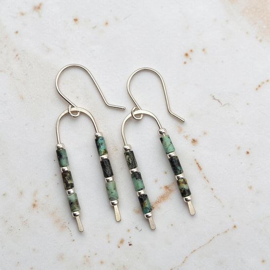 Bijou by SAM handcrafted wishbone earrings featuring African Turquoise tube stones on sterling silver wire