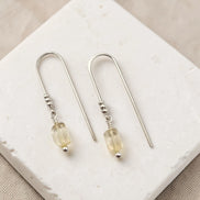Silver earrings with citrine beads on a white stone surface