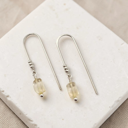 Silver earrings with citrine beads on a white stone surface