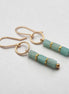 A pair of gold drop earrings featuring three faceted light green Amazonite beads separated by thin gold bands, with small gold beads at the ends, shown on a light gray textured background.