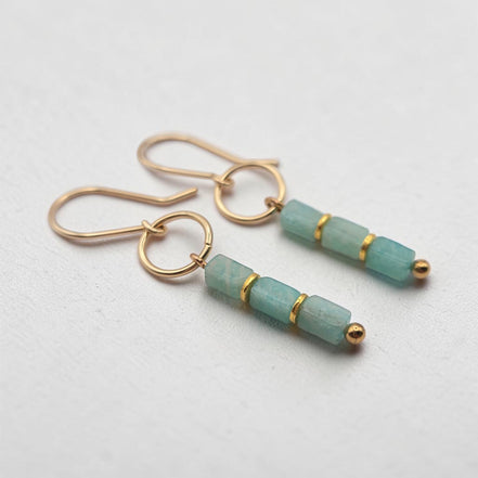 A pair of gold drop earrings featuring three faceted light green Amazonite beads separated by thin gold bands, with small gold beads at the ends, shown on a light gray textured background.