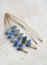 Gold and blue beaded earrings on a textured surface