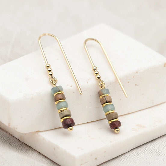 Gold Beaded Earrings, Jasper Dangle Earrings