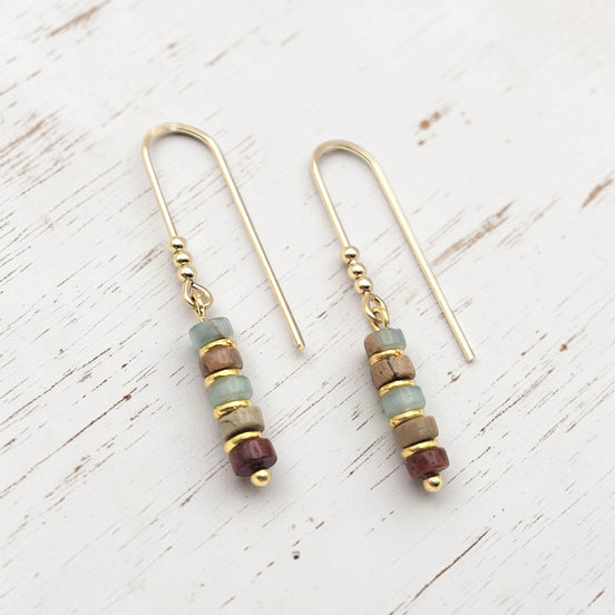 Gold Beaded Earrings, Jasper Dangle Earrings