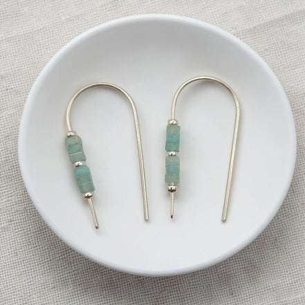 Pair of earrings with green beads on a white dish