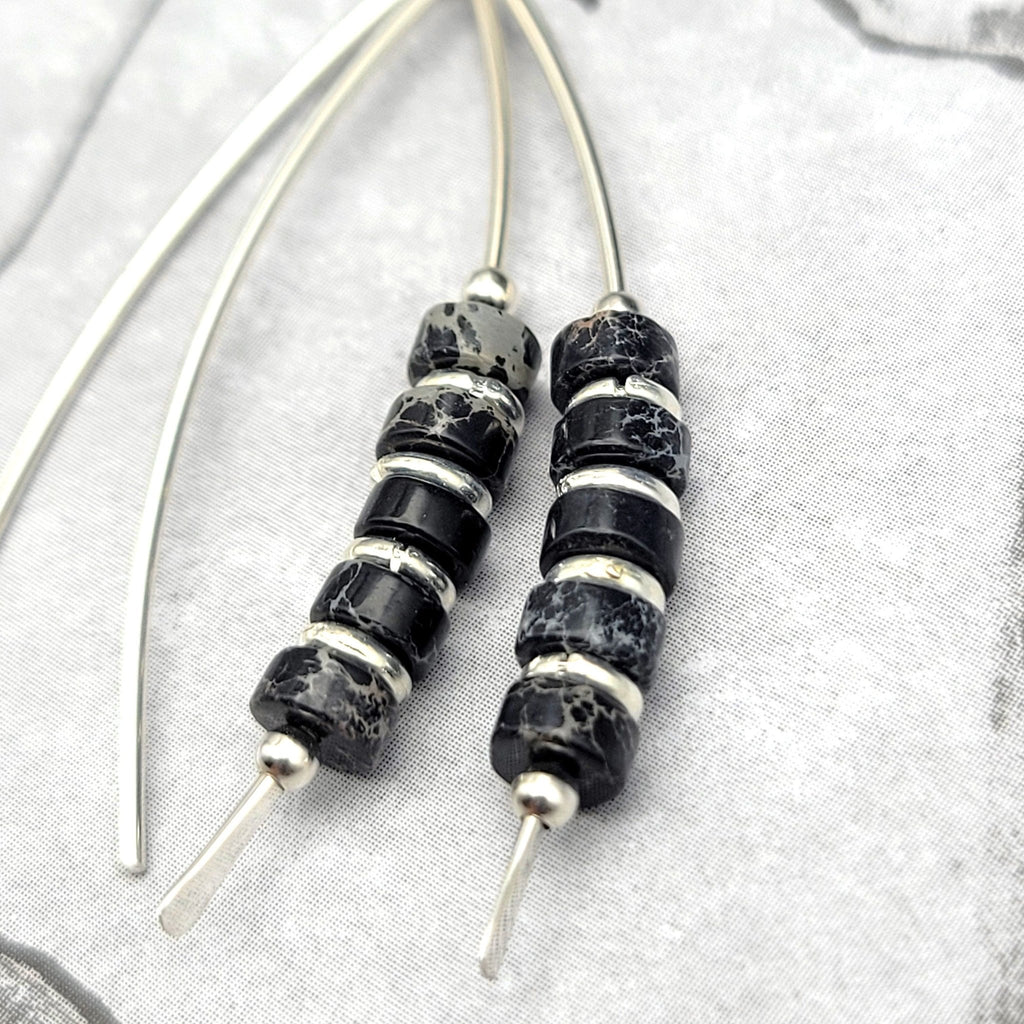 Black and Gray Jasper and Sterling Silver Threader Earrings -Earrings- Bijou by SAM