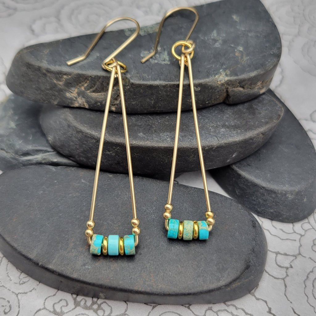 Gold and Turquoise Triangle Dangle Earrings -Earrings- Bijou by SAM