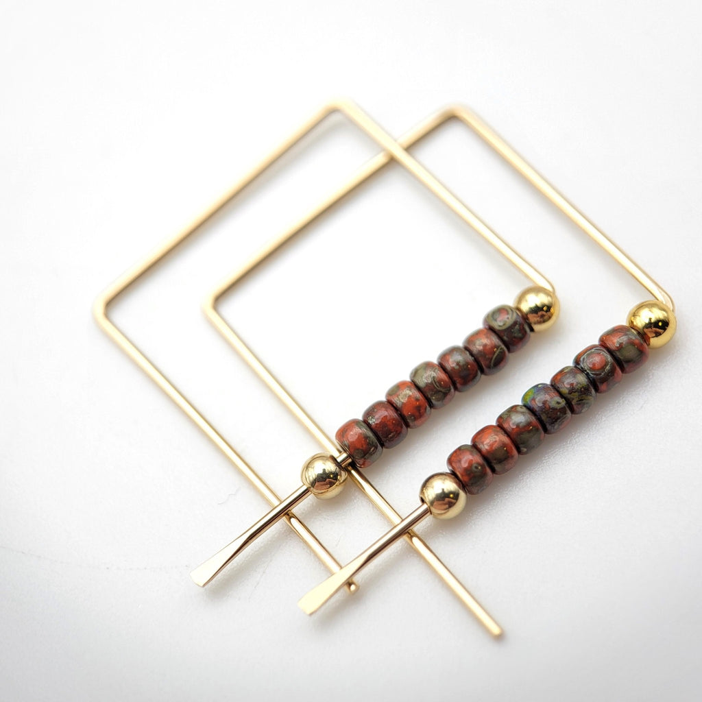 Gold Square Hoop Earrings with Dark Red Miyuki Seed Beads -Earrings- Bijou by SAM