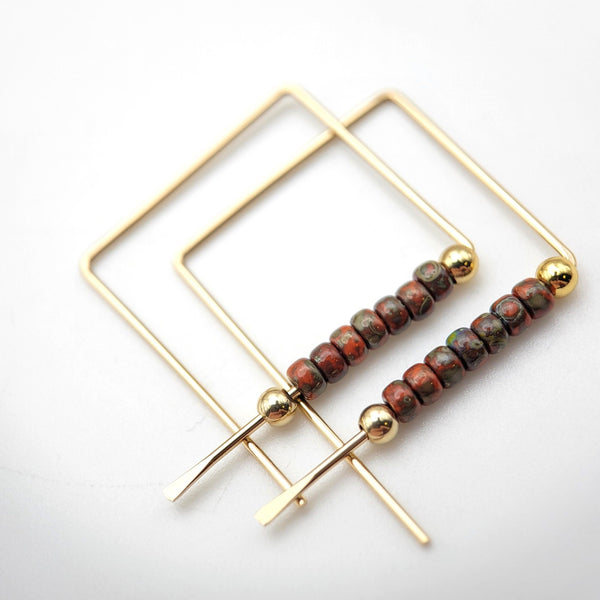 Gold Square Hoop Earrings with Dark Red Miyuki Seed Beads Earrings Bijou by SAM   