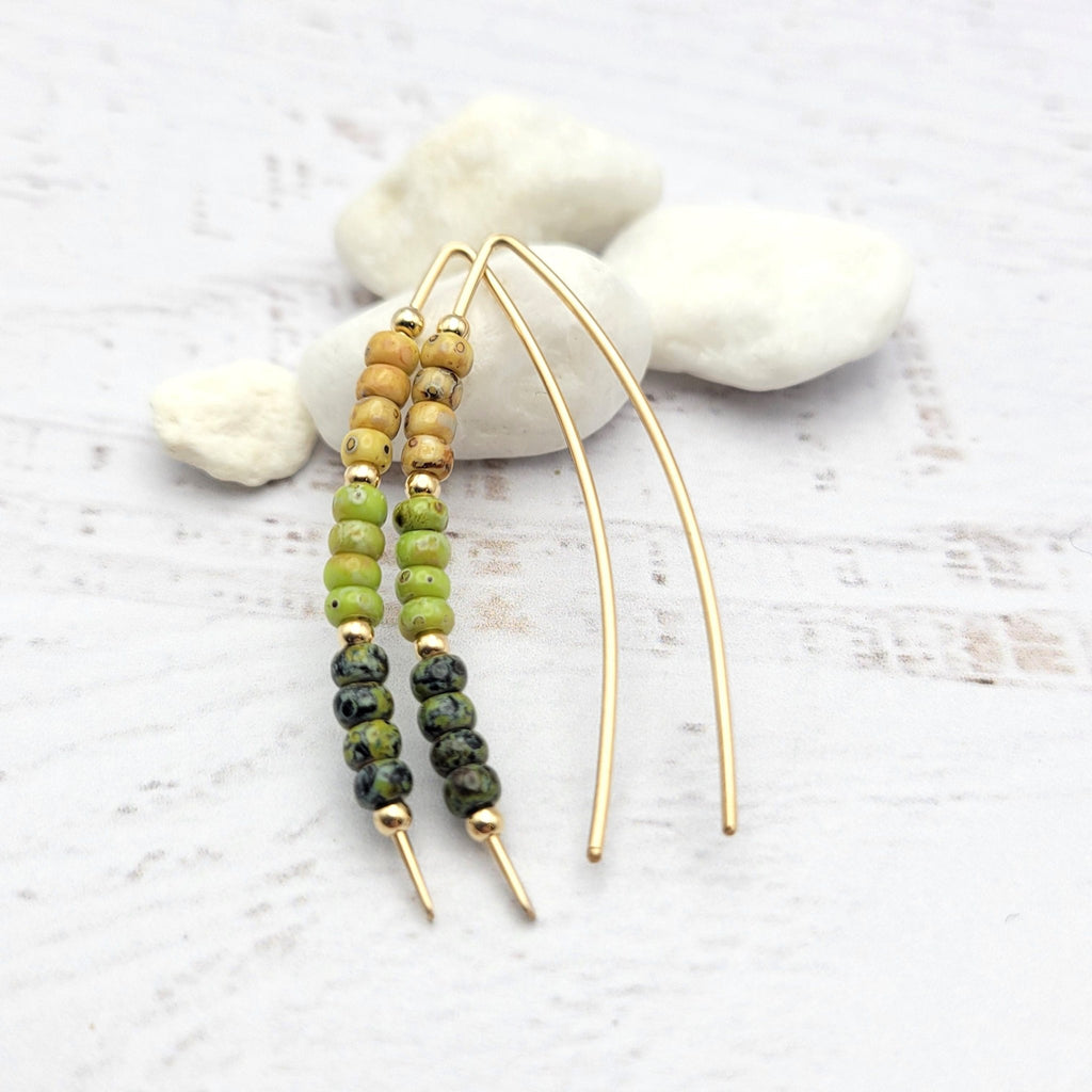 Handmade Threader Minimalist Earrings with Green Miyuki Seed Beads -Earrings- Bijou by SAM