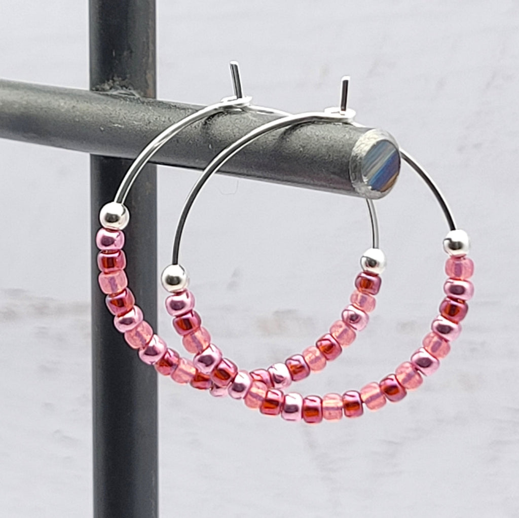 Boho Pink Silver Beaded Hoop Earrings Earrings Bijou by SAM   