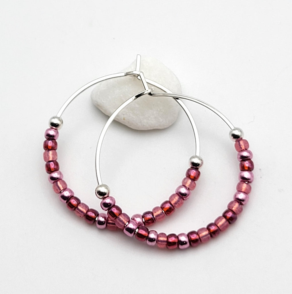 Boho Pink Silver Beaded Hoop Earrings Earrings Bijou by SAM   