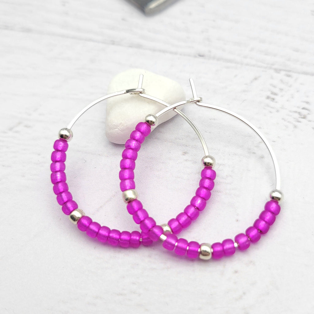 Handmade Hot Pink Silver Hoop Earrings Earrings Bijou by SAM   