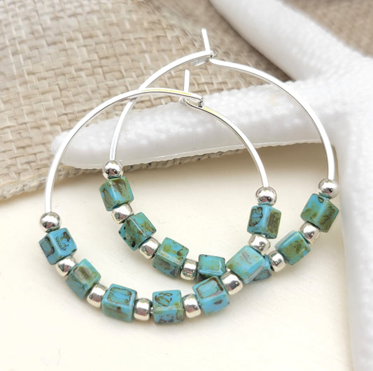 Boho - Silver & Turquoise Hoops Earrings Etsy   