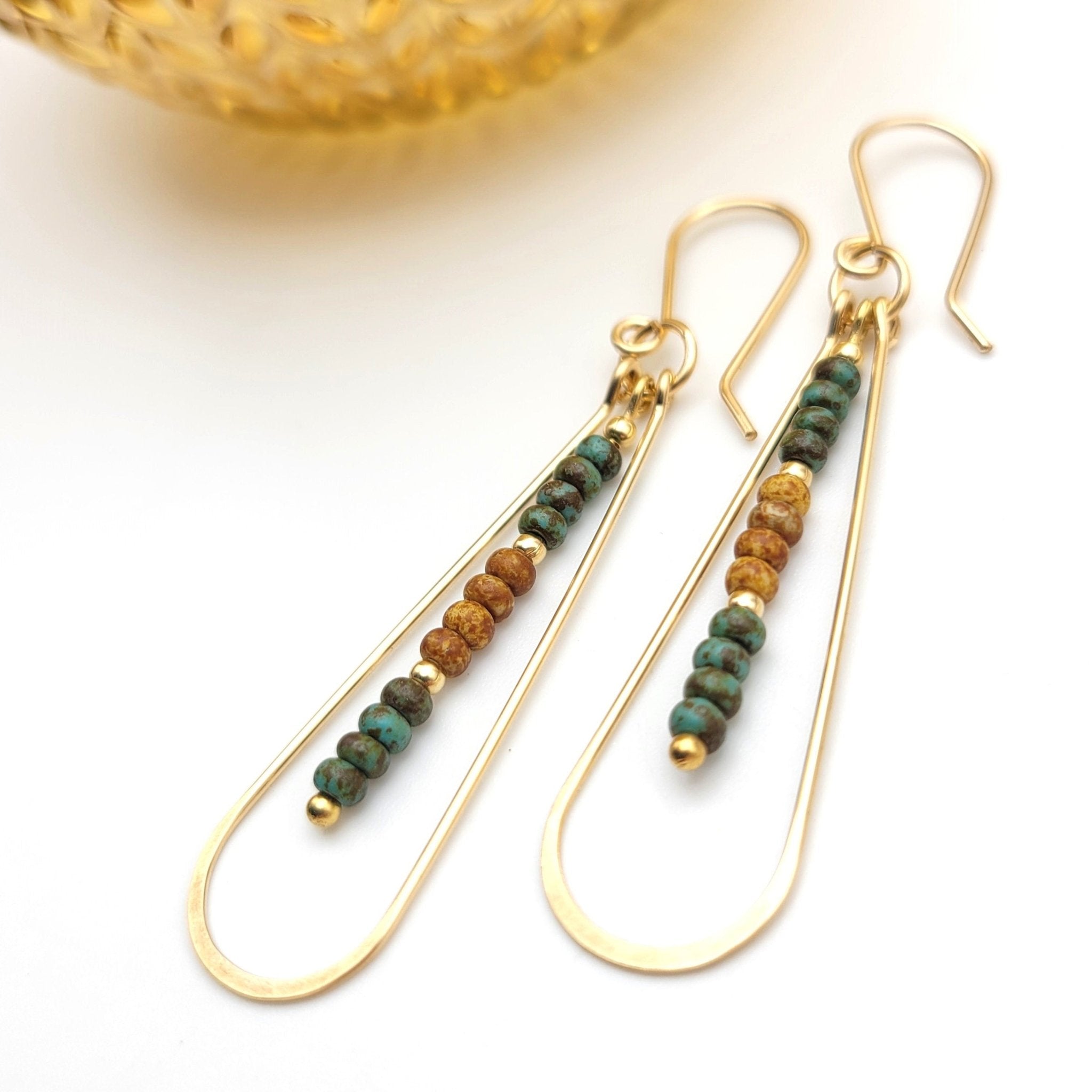 Harley Long Gold Hoops with Green and Tan Beads Earrings Bijou by SAM   