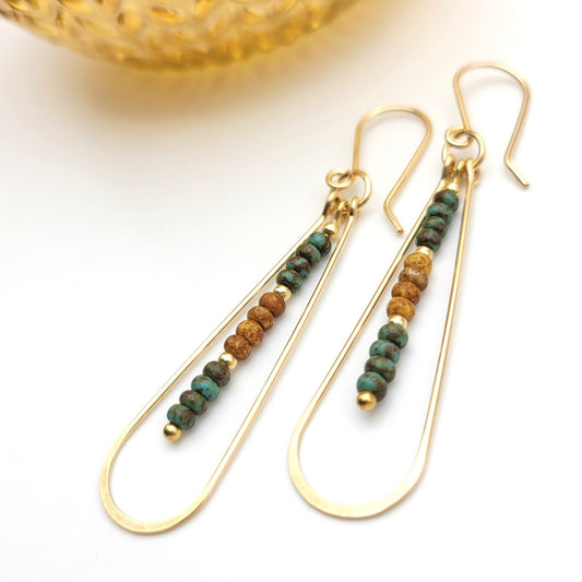 Harley Long Gold Hoops with Green and Tan Beads Earrings Bijou by SAM   