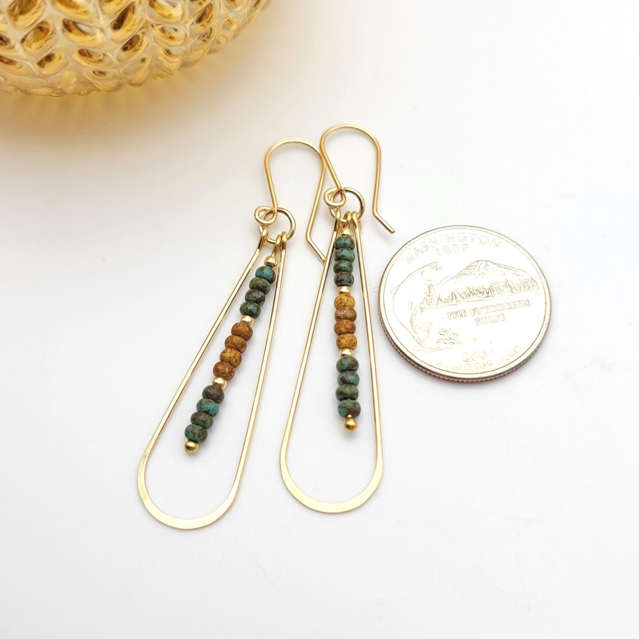 Harley Long Gold Hoops with Green and Tan Beads Earrings Bijou by SAM   